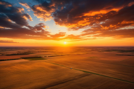 The sun is setting over a large fieldの素材