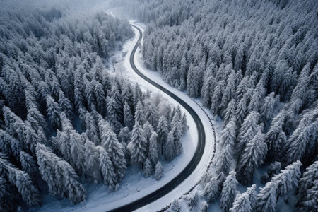 A winding road in the middle of a snow covered forestの素材