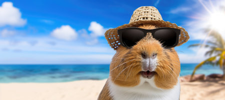 A brown and white guinea pig wearing a hat and sunglassesの素材