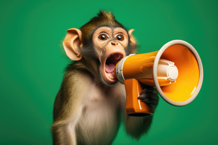 A monkey holding a yellow and white megaphoneの素材