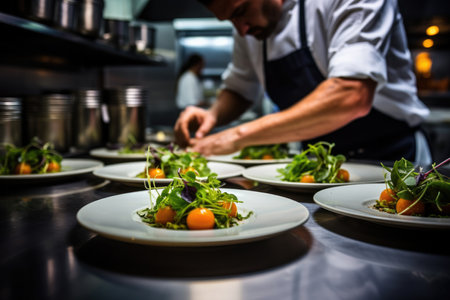 A chef preparing food in a restaurant kitchenの素材