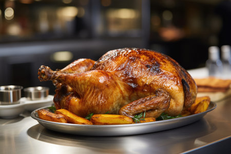 A roasted chicken sitting on top of a plateの素材