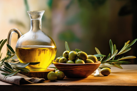 A bottle of olive oil next to a bowl of olivesの素材