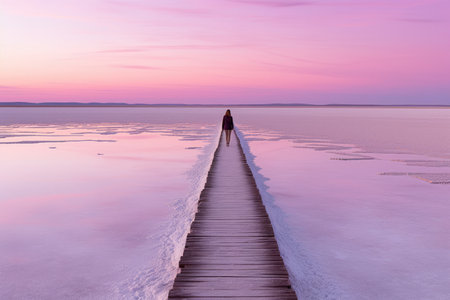 A person standing on a pier in the middle of a body of waterの素材