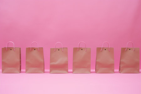 A row of brown paper bags against a pink backgroundの素材