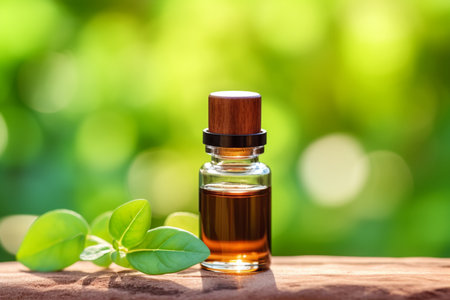 A bottle of essential oil sitting on top of a wooden tableの素材