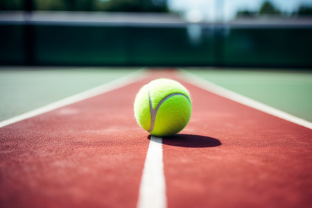 A tennis ball sitting on a tennis courtの素材