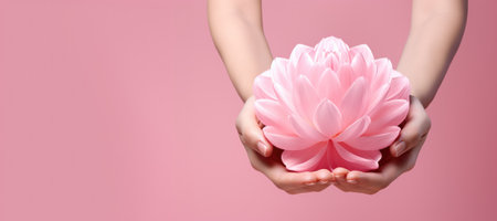 A person holding a pink flower in their handsの素材