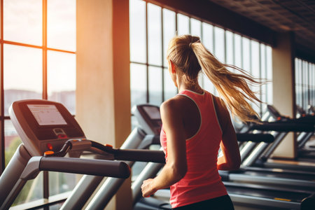 A woman running on a treadmill in a gymの素材