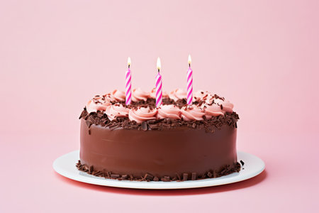 A chocolate cake with pink frosting and lit candlesの素材