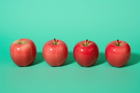 Three red apples lined up in a rowの素材