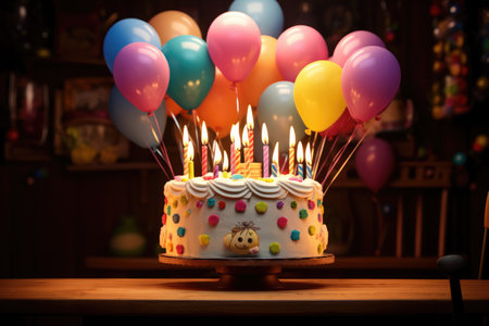 A birthday cake with lit candles surrounded by balloonsの素材