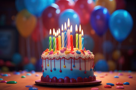 A birthday cake with lit candles on a tableの素材