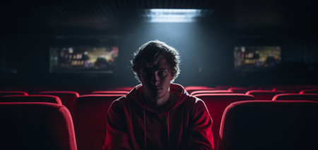 Youthful Man in Red Sweatshirt Sitting Alone in Dark Cinema, Backlit Portraitの素材