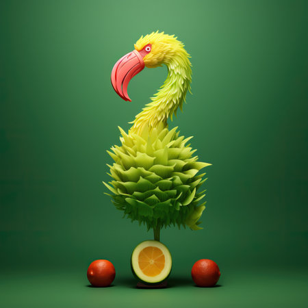 Green Flamingo amidst Fruit Arrangements in Satirical Illustrationの素材