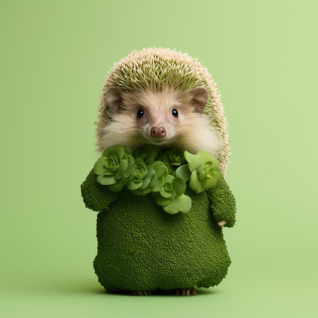 Whimsical Hedgehog in Leaf Suit on Green Backgroundの素材