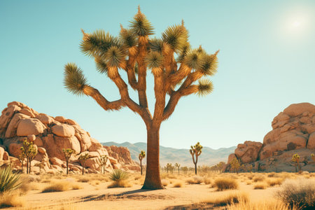 Detailed Rendering of Joshua Tree Amidst Vibrant Desert Landscapeの素材