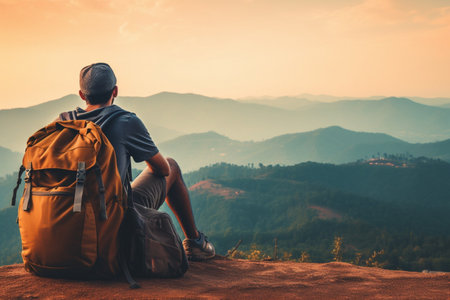 Backpacker Enjoying the Mountain View in Earthy Paletteの素材
