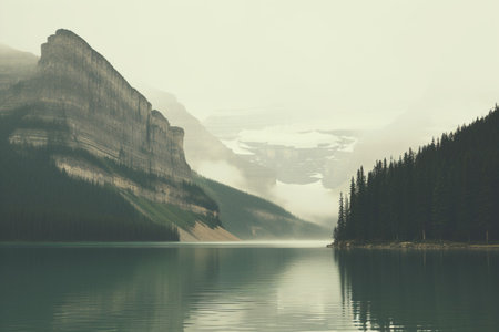 Misty Mountain Landscape and Lake in Vintage Aestheticsの素材