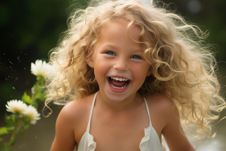 Joyful Young Girl with Blonde Curls in Nature's Embraceの素材