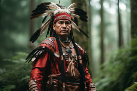 Native Man in Traditional Attire Amidst Forest with Meticulous Military Scenesの素材