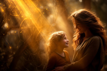 Golden Light Illuminating Mother and Daughter in a Magical Forestの素材