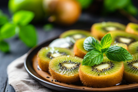 Dark Style Kiwi and Mint Arrangement on Plate with Soft Edges and Selective Focusの素材