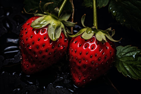Two Strawberries Displayed on a Dark Background with Organic Expressionismの素材