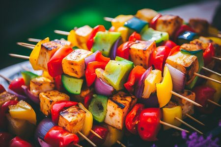 Bold and Vibrant Skewers: A Fusion of Tofu, Vegetables, and Indigenous Cultureの素材
