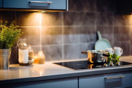 Moody Kitchen Scene with Glossy Finish and Selective Focus Detailsの素材