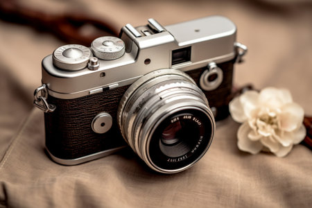 Vintage Sepia-Toned Camera with Chrome Reflections and Eye-Catching Compositionの素材