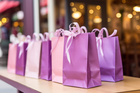 Nostalgic Display of Purple Shopping Bags in Amber and Emerald Styleの素材