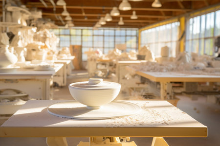 Ethereal Golden Light in a Ceramic Studio with Meticulously Crafted Potteryの素材