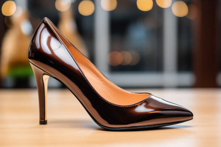 Glossy Brown High Heel on Wooden Surface in Dynamic Lightの素材