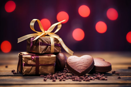 Romanticized Chocolate Gifts on a Rustic Table with Light Bulbsの素材