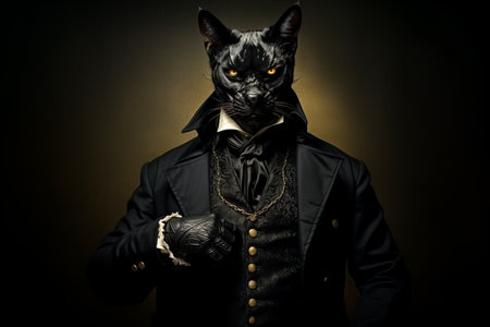 A man in a black coat and a cat maskの素材