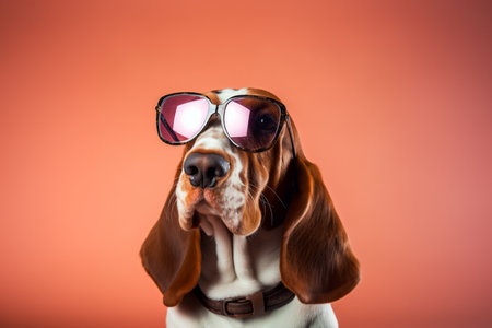 A basset hound wearing sunglasses on a red backgroundの素材