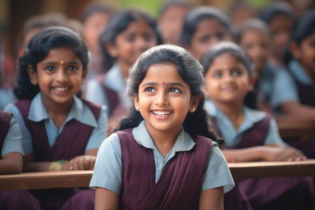 A group of young girls sitting next to each otherの素材
