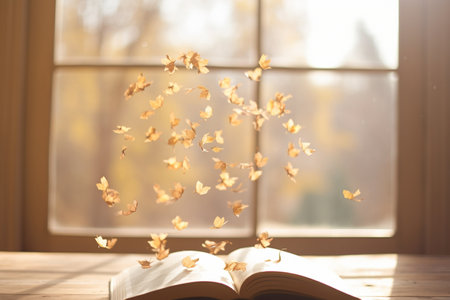 An open book with butterflies flying out of itの素材