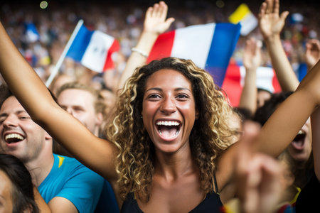 A woman with her hands up in the airの素材