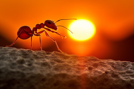 A red ant standing on top of a rockの素材