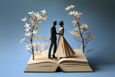 An open book with a paper cutout of a man and a woman holding handsの素材