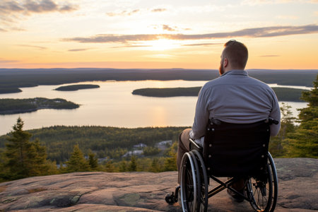 A man in a wheelchair looking out over a lakeの素材