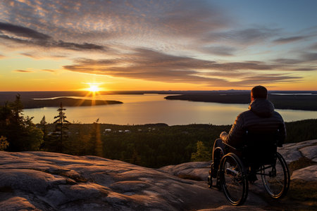 A man in a wheelchair looking out over a lakeの素材