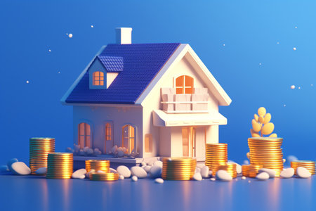 A small house sitting on top of a pile of gold coinsの素材