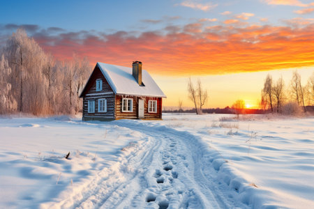A small house in the middle of a snowy fieldの素材