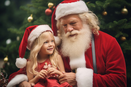 A little girl sitting next to a santa clauseの素材