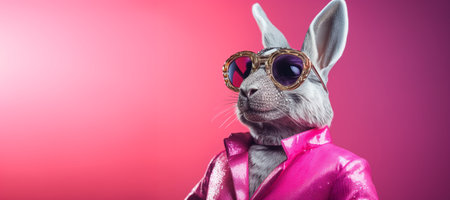A rabbit wearing sunglasses and a pink suitの素材