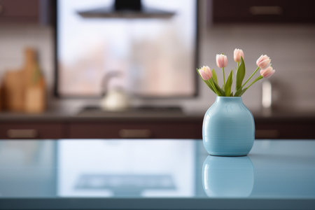 A blue vase with some pink flowers in itの素材