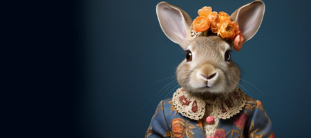 A rabbit wearing a costume with flowers on its headの素材